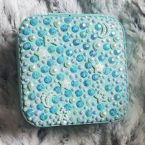 Rhinestone travel jewelry zippered teal case pearl and stars